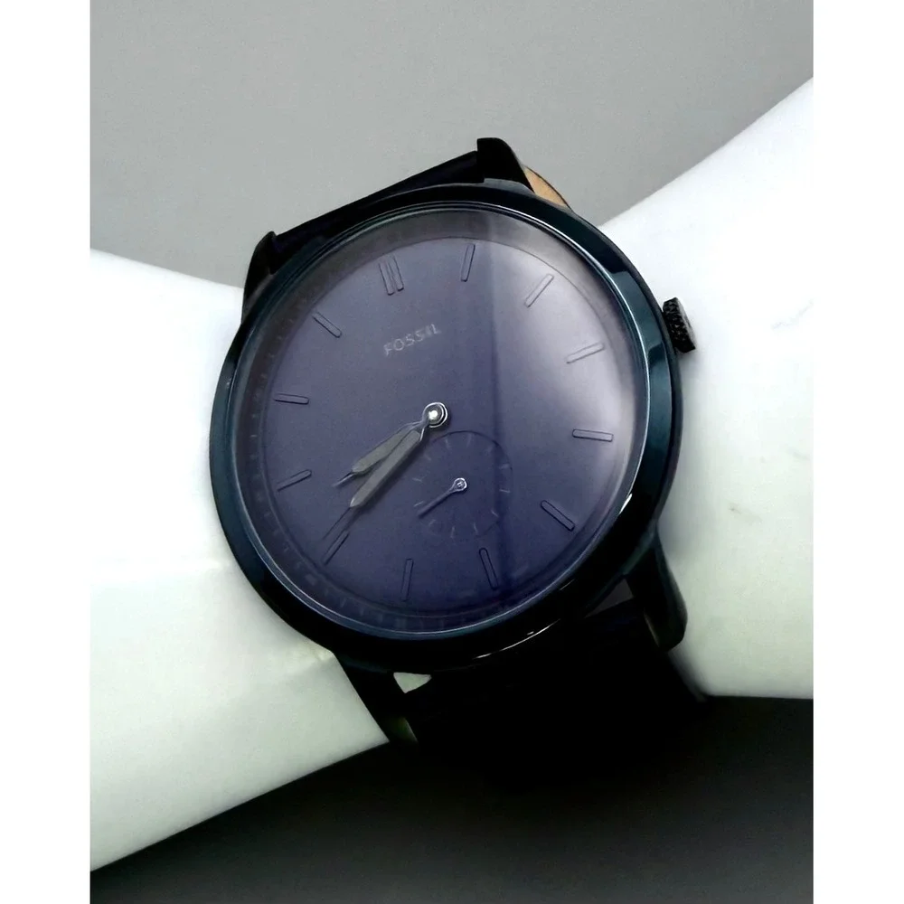 Fossil The Minimalist Mono FS5448 Mens Blue Dial Black Leather Watch 44mm